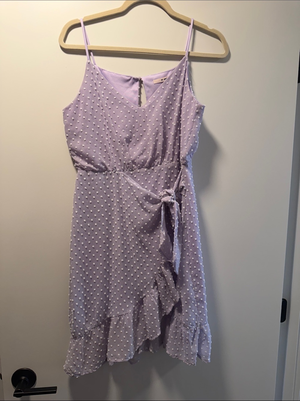 Lilac Swiss Dot Wrap-Front Spaghetti Strap Dress